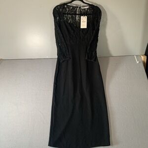 Zara NWT Women's Black Lace Top Sweetheart Neck 3/4 Sleeve Midi Dress Sz S